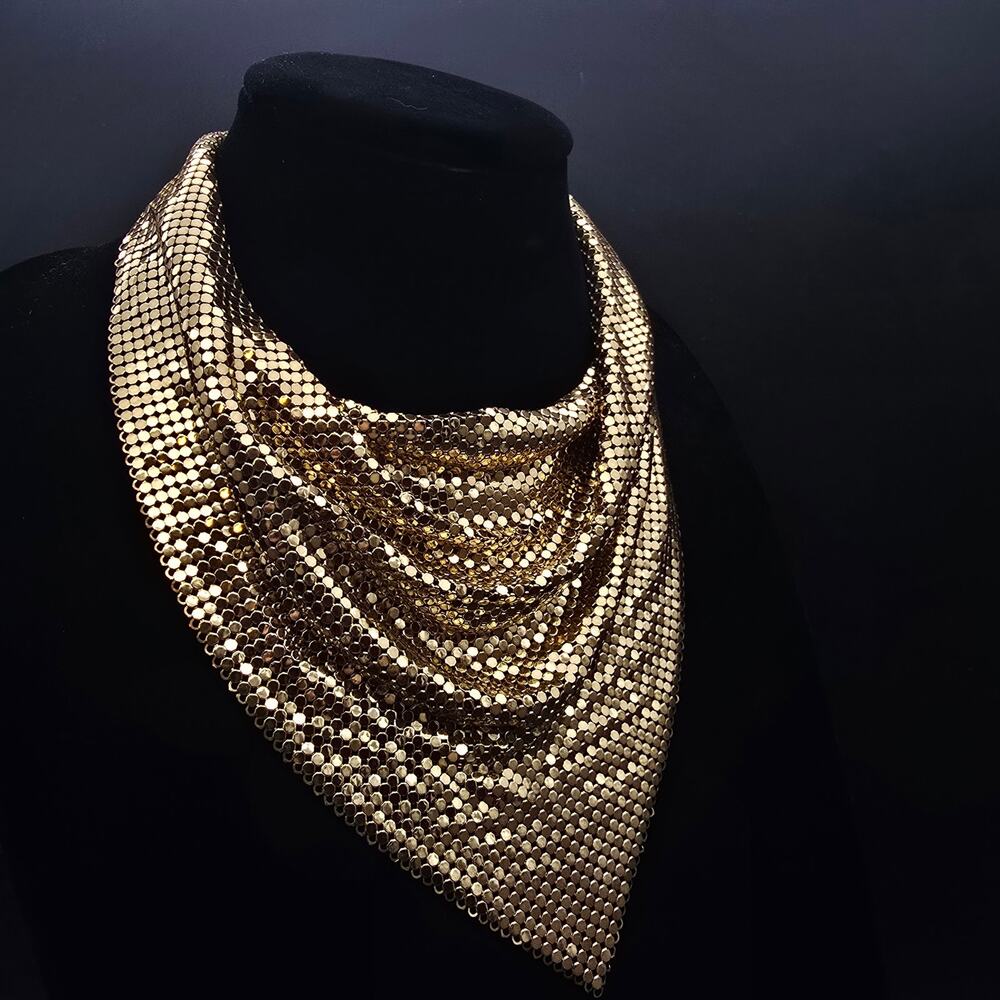 Whiting & Davis Gold Tone Mesh Bib Necklace Vintage Costume Jewelry - Picture 2 of 9